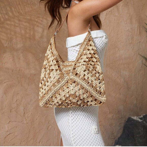 Woven Handmade Shoulder Bag Large Brown/Beige - Picture 4 of 4